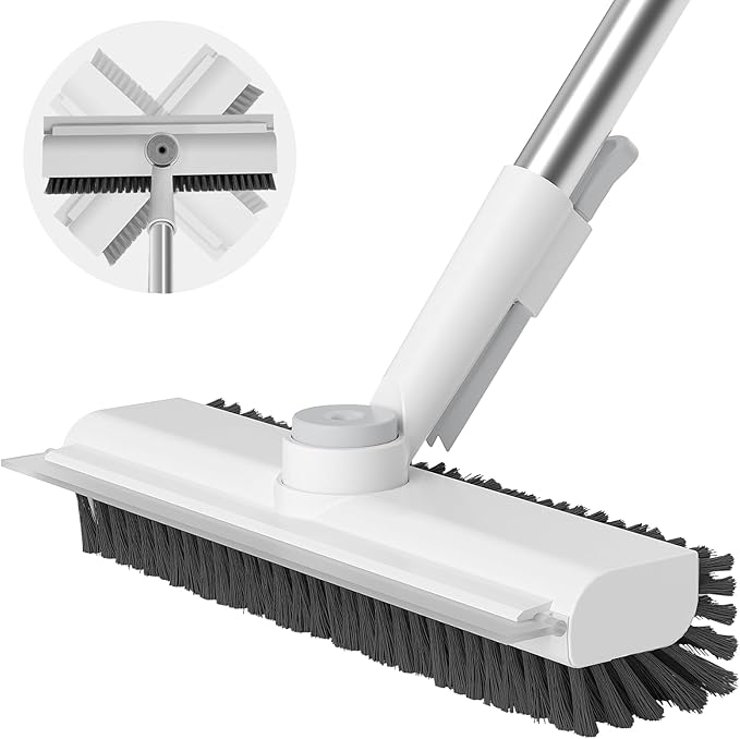 Floor Scrub Brush with Long Handle, 3 in 1 Scrape and Heavy-Duty Stiff Bristle Scrubber Brush for Cleaning Shower Bathroom, Patio, Pool, Garage, Kitchen, Wall and Deck (White, 1 Pack)