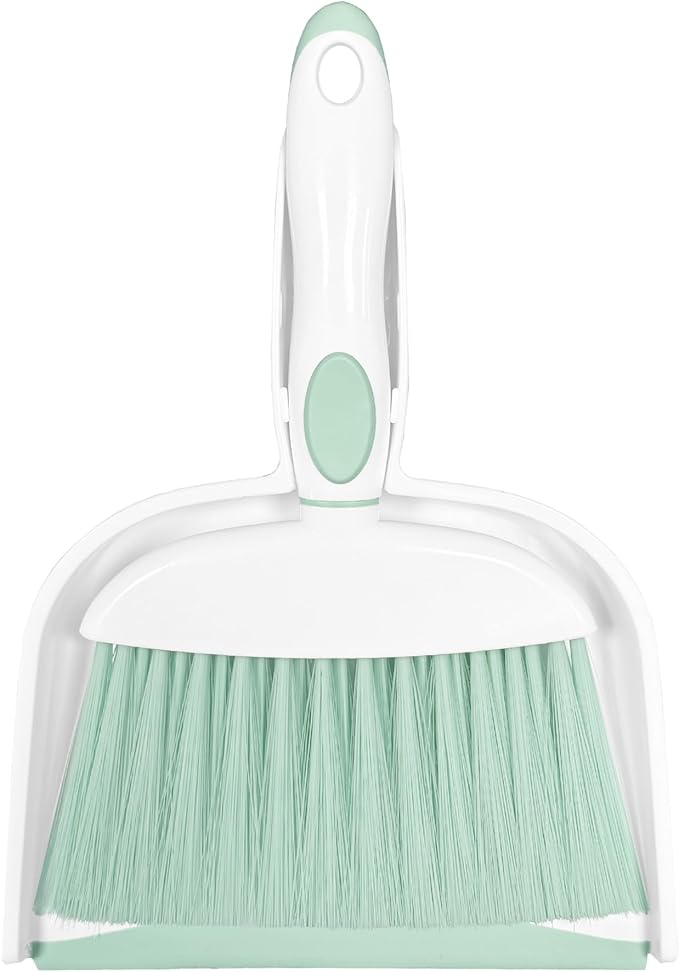 Mini Broom and Dustpan Set Small Broom with Dustpan Combo Set Portable Cleaning Tools for Home Office RV Learning Camping (White+Green)