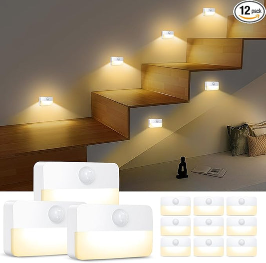 AMIR Motion Sensor Stair Lights for Indoor, 12 Pack Battery-Operated LED Night Light, 40 Lumen 3000K, Cordless Closet Light, Tap Light, Safe Lights for Stairs, Hallway, Bathroom, Cabinet, Kitchen