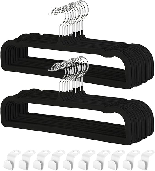 Pants Hangers Non Slip - 20 Pack Velvet Hangers for Closet - Thin Space Saving Clothes Hanger - Strong, Durable, Perchas Terciopelo with 360° Rotatable Hook for Jean, Tank Top, Bra, Shorts (Black)