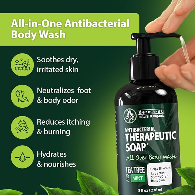 Derma-Nu Therapeutic Soap - Antibacterial And Tea Tree Body Wash For Jock Itch, Athletes Foot, Eczema And Back Acne - Anti Bacterial Body Soap For Men And Women Safe For All Skin Types - 16 Oz