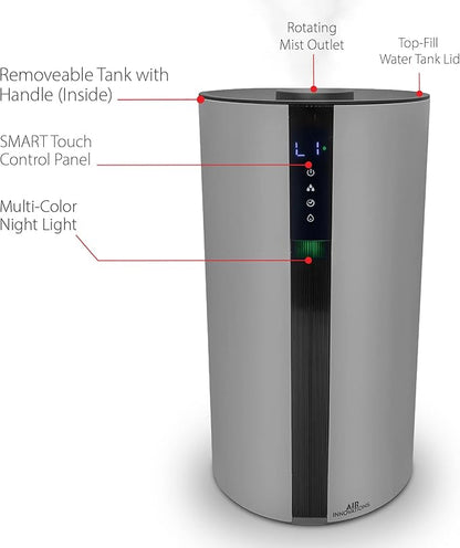 Air Innovations AI-104 Ultrasonic Cool Mist Humidifier for Large Bedroom – Quiet Cool Diffuser with 3.5L Tank, 35-Hour Runtime, Auto Shut-Off, Top-Fill Design – Ideal for Home, Baby, & Plant Rooms