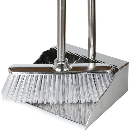 Metal Dustpan with Soft Bristles Broom Heavy Duty Stainless Steel Upright Standing Dust Pan and Broom for Sweeping Indoor Outdoor Home Kitchen Office Lobby Hardwood Floor Cleaning
