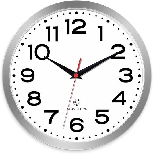 Atomic Wall Clock 14 Inch, Modern Clock Battery Operated Classic Analog Decorative for Kitchen, Living Room, Office, Bedroom, Bathroom (Silver)