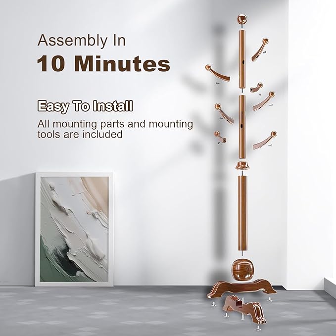 Wooden Coat Rack Freestanding, Coat Racks with 7 Hooks, Coat Tree Freestanding Heavy Duty with Stable Sphere Base, Load 210 lb, Coat Hanger Stand for Entryway, Hallway, Bedroom