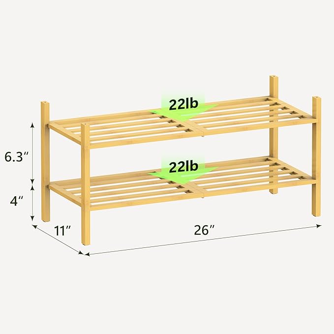 Bamboo Shoe Rack for Closet 2 Tier, Space-Saving Stackable Shoe Organizer for Entryway, Dorm, Garage, Natural