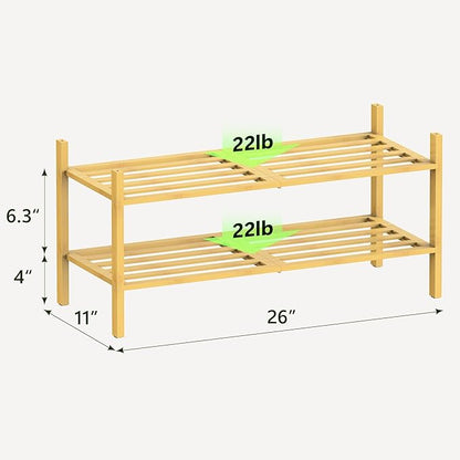 Bamboo Shoe Rack for Closet 2 Tier, Space-Saving Stackable Shoe Organizer for Entryway, Dorm, Garage, Natural