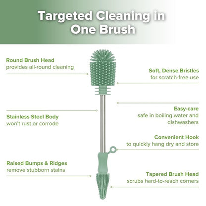 haakaa Cleaning Brush Silicone Bottle Brush Double-Ended Soft Silicone Bristles for Breast Pumps, Breast Milk Collectors, Baby Bottles, Teats, Breastmilk Storage Bags, Pea Green-1pk