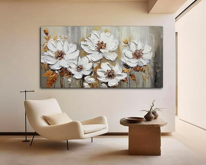 Acocifi Canvas Art Wall Decor Textured Floral Wall Art, Extra Large Living Room Bedroom, Vintage White Floral Painting Picture Artwork for Dining Room Office Home Decor 58"x29"
