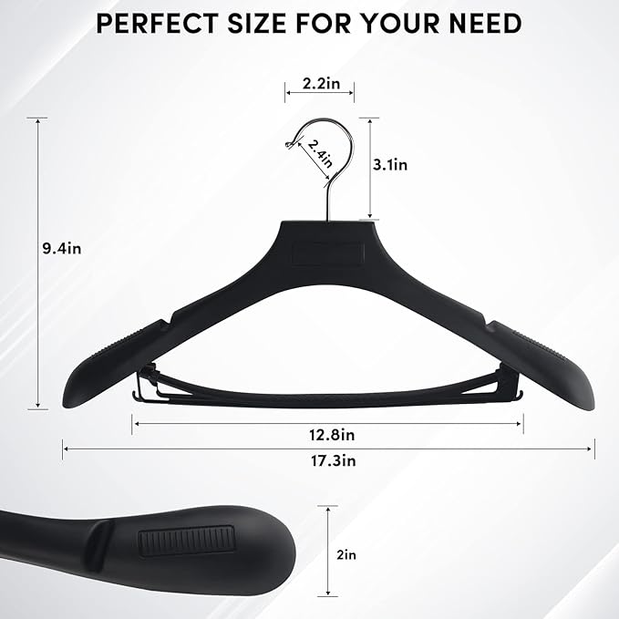 DEDU Suit Hangers for Men 100 Pack, Black Coat Hangers Extra Wide Non Slip Width 17.7", Thick Plastic with Pants Bar & Metal Hook