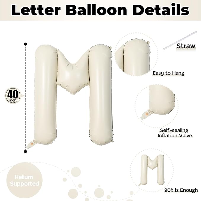 Big Letters Balloon M - 40 Inch Cream White Sand Helium Mylar Custom Name Alphabet Balloons, Self Inflating Beige Foil Custom Letters for Girls Birthday Party Decor
