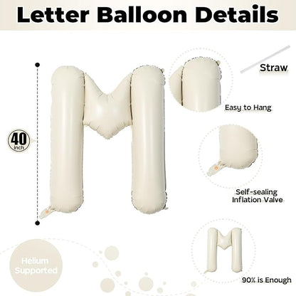 Big Letters Balloon M - 40 Inch Cream White Sand Helium Mylar Custom Name Alphabet Balloons, Self Inflating Beige Foil Custom Letters for Girls Birthday Party Decor