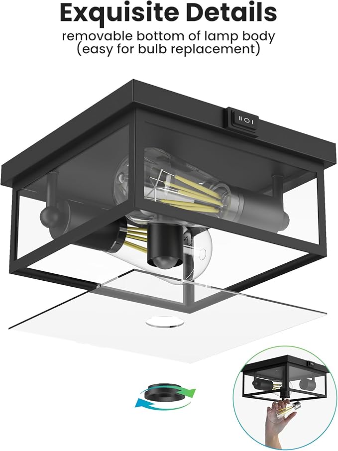 Outdoor Ceiling Light with Motion Sensor, Flush Mount Porch Light, Exterior Light Fixture with Clear Glass, Dusk to Dawn 2-Light Fixture for Patio,Porch (12 in)