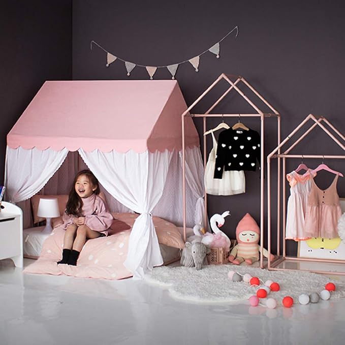 PETITE MAISON Kids Closet - Dress up Clothing Garmet Rack, Hanging Costume Organizer with Cute House Frame, Handmade Premium Quality, 25" x 17" x 59", Aluminium Super-Light, Large Pink