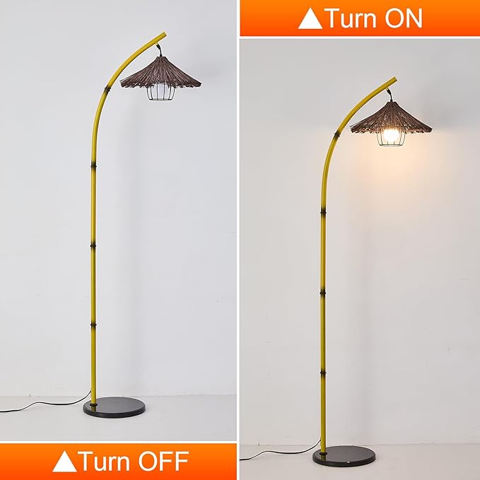 beaysyty Bamboo Floor lamp Mid Century Rattan Retro Floor lamp Bohemian,Arc Floor Lamps for Living Room Tall Reading Lamps Antique Rattan Style for Bedroom Dining Room Farmhouse Study (Yellow)