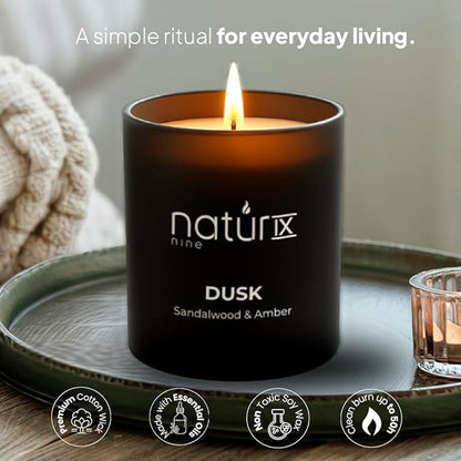 Natur IX Dusk Scented Candles for Home | Sandalwood & Amber | Natural Non Toxic Soy Candles with Essential Oils | 50 H Long Burning