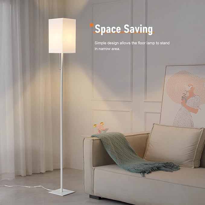 Floor Lamp for Living Room, Modern Standing Lamp Tall Lamp with Linen Shade, Simple Design Floor Lamp for Bedroom, Office, Kids Room, Reading, Working, White