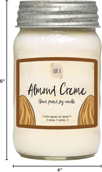 Aira Soy Candles - Organic, Kosher, Vegan, in Mason Jar w/Therapeutic Grade Essential Oil Blends - Hand-Poured 100% Soy Candle Wax - Paraffin Free, Burns 110+ Hours - Almond Creme -16 Ounces