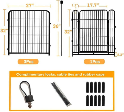 Garden Fence with Gate 32 in(H)×27 in(L) 4 Panels,Fence Blocker for Dogs, Heavy Duty Iron Animal Barrier Fence,Suitable for Indoor Pet Or Outdoor Dog Fencing, Total 8.9 Ft(L), Black