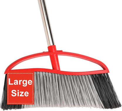 Outdoor Heavy Duty Broom, 15.7" All-Terrain Sweeper Featuring a Wide Angle Broom Design, Long Handle & Powerful Stiff Bristles for Patio, Garden, Garage, Yard (Red)