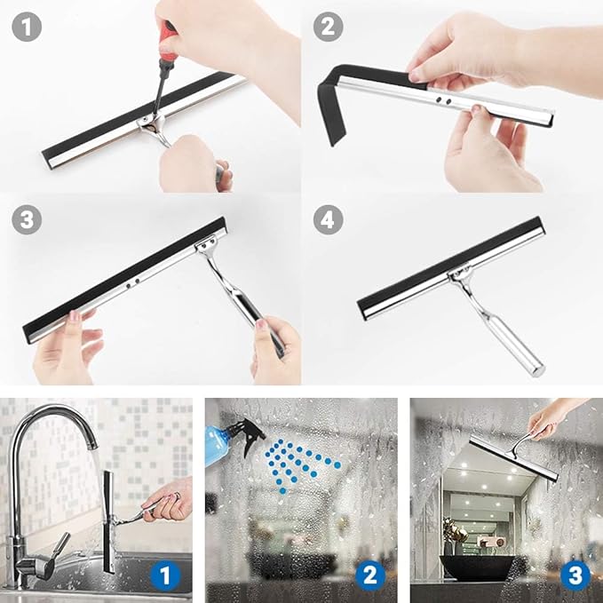 ecooe Stainless Steel Shower Squeegee with Hook, 10" (25.4cm) Shower Glass Cleaner Squeegee Wiper Scraper with 1 Replacement Blade, Window Squeege for Home Bathroom Kitchen Car Glass Doors