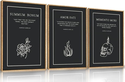 HLNIUC Halloween Canvas Wall Art Set of 3, Black Skeleton Meditations Home Decor, Amor Fati Memento Mori Stoic Art(16x24),Vintage Flower Fire Marcus Aurelius Painting for Living Room, Bedroom, Office