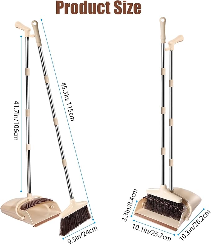 Broom and Dustpan Set with Long Handle – Upright Standing Broom Combo with Self-Cleaning Teeth & Windproof Dustpan, Floor Sweeper for Home, Kitchen, Pet Hair, Indoor Outdoor Use