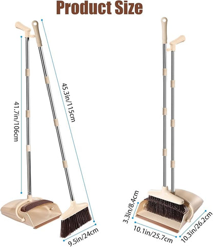 Broom and Dustpan Set with Long Handle – Upright Standing Broom Combo with Self-Cleaning Teeth & Windproof Dustpan, Floor Sweeper for Home, Kitchen, Pet Hair, Indoor Outdoor Use