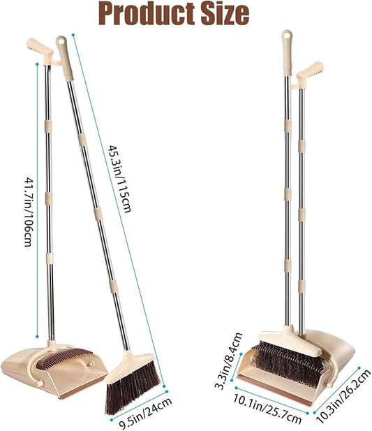 Broom and Dustpan Set with Long Handle – Upright Standing Broom Combo with Self-Cleaning Teeth & Windproof Dustpan, Floor Sweeper for Home, Kitchen, Pet Hair, Indoor Outdoor Use