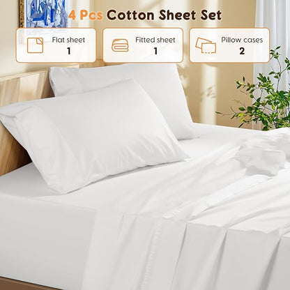 LBRO2M 100% Cotton Sheets Set King Size 600 Thread Count Sheet 4 Piece Sets Bed Sheet Deep Pocket Up to 16" Soft Comfortable All Season (King, White)