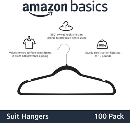 Amazon Basics Slim Velvet, Non-Slip Suit Clothes Hangers, Pack of 100, Black