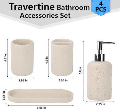 Bathroom Accessories Set,4 Piece Travertine Stone Look Bathroom Accessory Set with Soap Dispenser,Toothbrush Holder,Vanity Tray,Tumbler,Bathroom Organizer for Modern Bathrooms - Beige