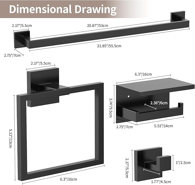 23.6 Inch SUS304 Stainless Steel Bathroom Hardware Set - 10-Piece Wall-Mounted Towel Bar, Holder & Racks - Matte Black