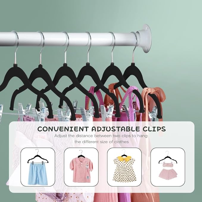 Stormix Baby Hangers, 24 Pack Non-Slip Kids Hangers with Clips - Heavy-Duty for Shirts, Pants, Skirts, Jackets, Coat (Black)