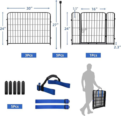 ADAVIN 24 in(H) Garden Fence with Gate, 4 Panels Total 9.8 Ft(L), Heavy Duty Iron Metal Animal Barrier Fence, Camping Fence, No Dig Garden Border Fencing for Yard