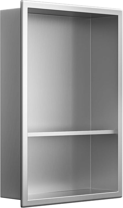 Stainless Steel Shower Niche 18" X 12" Brushed No Tile Needed Wall Niche Double Shelves Recessed Shower Shelf for Bathroom Storage Over Mount Installation