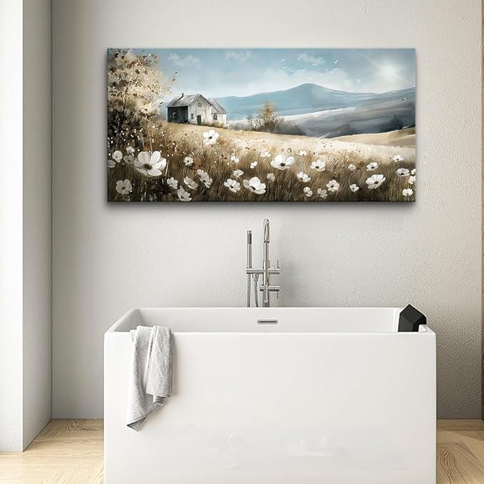 Wapluam Wall Art - Canvas Wall Decor For Living Room & Bedroom - Field Scenery Watercolour Painting - Stretched & Framed - Ready To Hang
