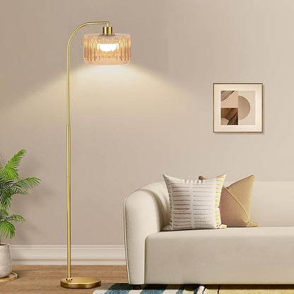 Gold Floor Lamp for Living Room,Bedroom,Mid Century Modern Standing Lamp with Remote,Dimmable Brass Tall Lamp Glass Lamp Vintage Retro Arc Floor Lamps Flower Floor Light Boho Bohemian