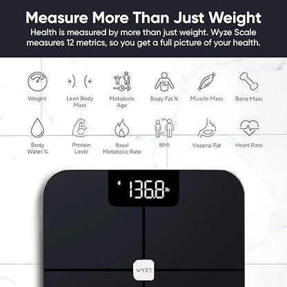 Wyze Smart Scale, Scale for Body Weight, Digital Bathroom Scale for Body Fat, BMI, and Heart Rate, Body Composition Analyzer with App, Batteries Included, Bluetooth, 400 lb, Black-New