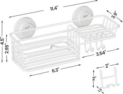 LEVERLOC Shower Caddy Suction Cup, Heavy Duty Bathroom Organizer for Inside Shower with Hooks & Soap holder, NO-Drilling Bathroom Holder-White