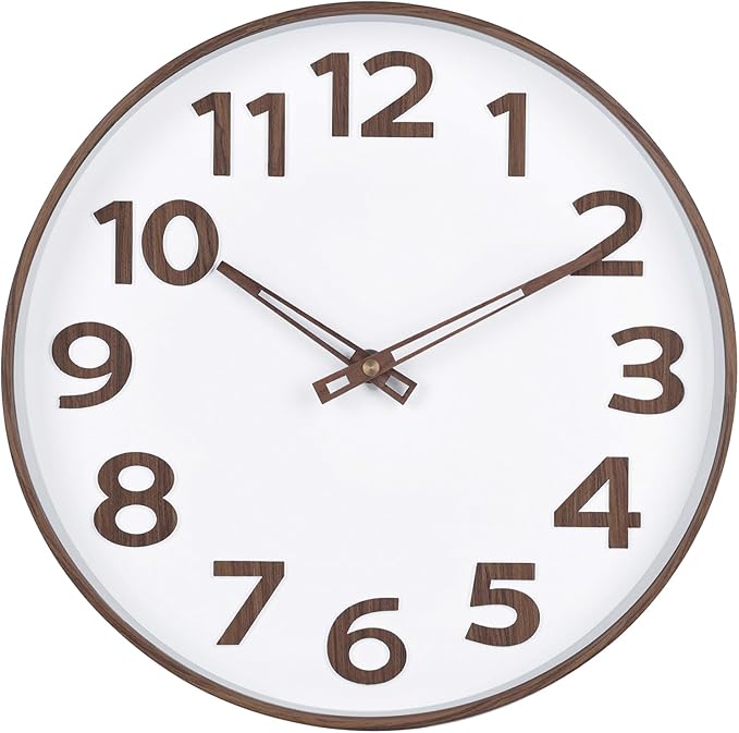 45MinST 12-Inch Modern Faux Wall Clock, Large Numbers, Silent Non-Ticking, Real Wood Hands, Accurate Timekeeping, Decorative Accent for Home or Office(Wood Color)