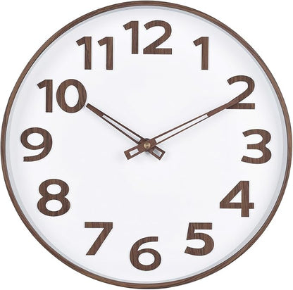 45MinST 12-Inch Modern Faux Wall Clock, Large Numbers, Silent Non-Ticking, Real Wood Hands, Accurate Timekeeping, Decorative Accent for Home or Office(Wood Color)