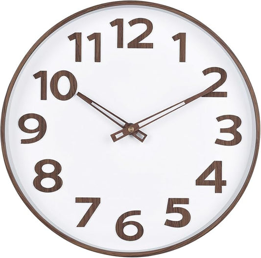 45MinST 12-Inch Modern Faux Wall Clock, Large Numbers, Silent Non-Ticking, Real Wood Hands, Accurate Timekeeping, Decorative Accent for Home or Office(Wood Color)