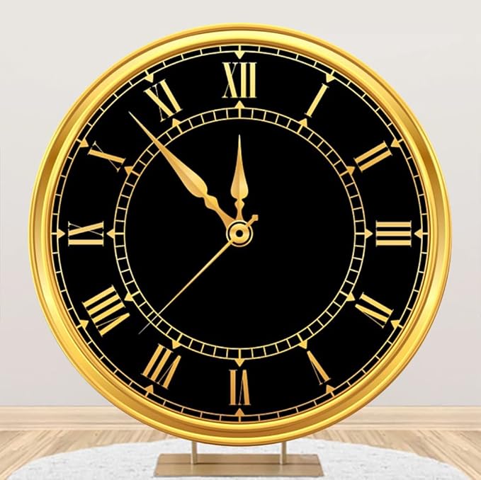 Polyester 5.5x5.5ft 2025 Happy New Year Round Backdrop Cover Luxury Black and Gold Clock Photography Background for New Year Eve Party New Year's Countdown Kids Adults Family Portrait Props
