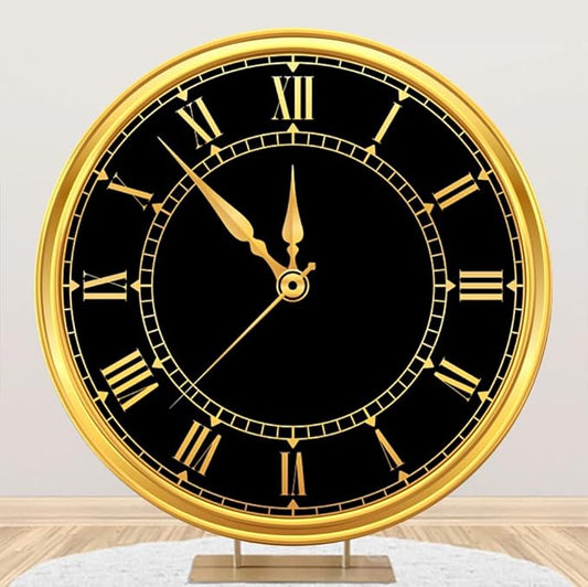Polyester 5.5x5.5ft 2025 Happy New Year Round Backdrop Cover Luxury Black and Gold Clock Photography Background for New Year Eve Party New Year's Countdown Kids Adults Family Portrait Props