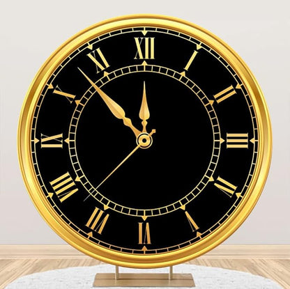 Polyester 7.5x7.5ft 2026 Happy New Year Round Backdrop Cover Luxury Black and Gold Clock Photography Background for New Year Eve Party New Year's Countdown Kids Adults Family Portrait Props