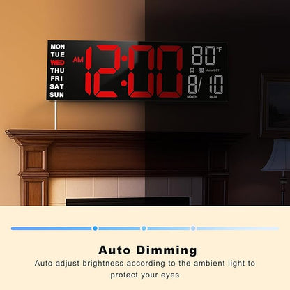 TrophyRak 16" Large Digital Wall Mount Clock, Count Down Timer, Alarm, Big LED, RGB Color, DST, Temperature for Living Room Classroom Desk, Wall, Xmas, Birthday Gift for Senior Mom Dad, Red White