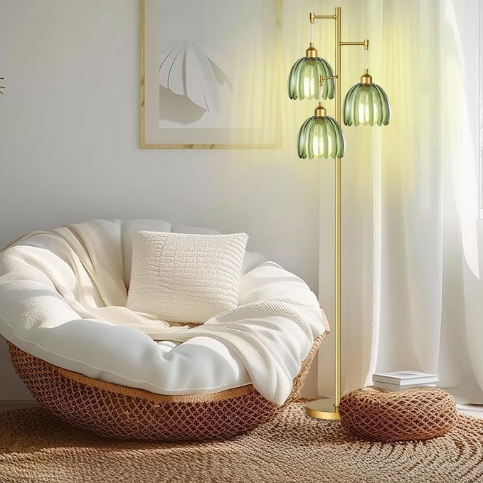 Modern Floor Lamp for Living Room Bedroom-3 Light Gold Floor Lamp with Glass Lampshape, Flower Tall Lamp Glass Standing Lamp Tree Green Floor Lamps for Living Room Bedroom,Corner