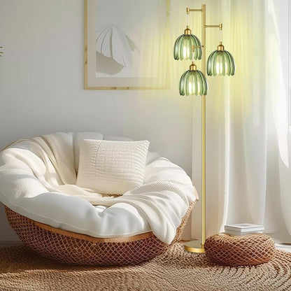 Modern Floor Lamp for Living Room Bedroom-3 Light Gold Floor Lamp with Glass Lampshape, Flower Tall Lamp Glass Standing Lamp Tree Green Floor Lamps for Living Room Bedroom,Corner
