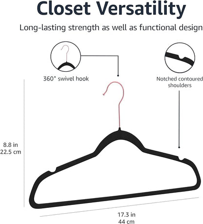 Amazon Basics Slim, Velvet, Non-Slip Suit Clothes Hangers, Black/Rose Gold - Pack of 50